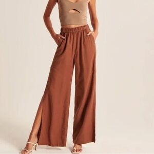 Abercrombie & Fitch Terracotta Linen Blend Wide-Leg Split Hem Pants Small